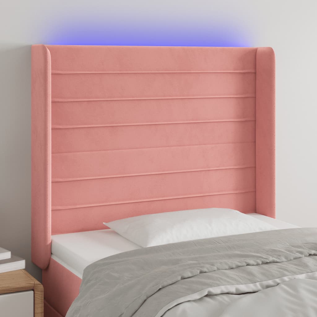 Čelo postele s LED růžové 103 x 16 x 118/128 cm samet