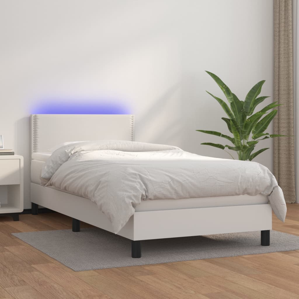 Box spring postel s matrací a LED bílá 90x200 cm umělá kůže