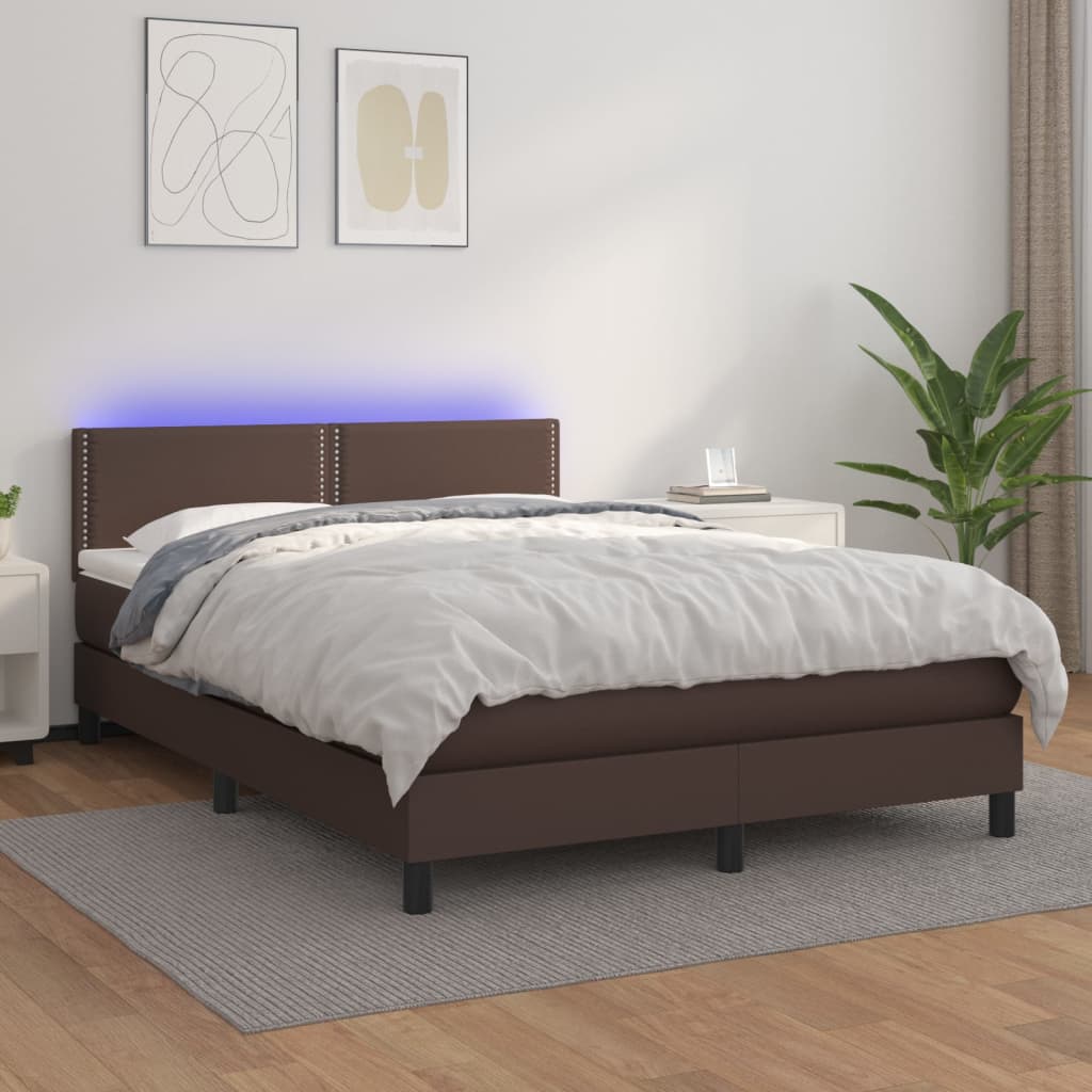 Box spring postel s matrací a LED hnědá 140x200 cm umělá kůže
