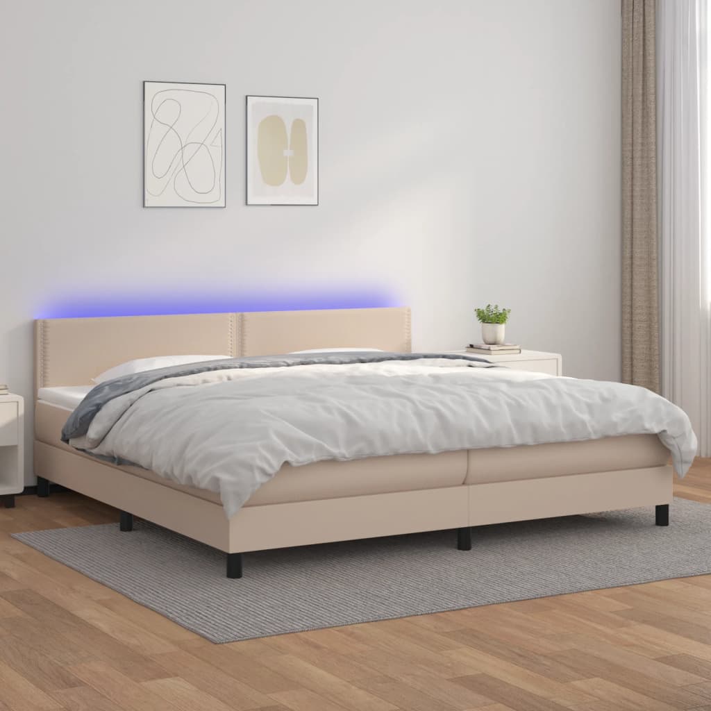 Box spring postel matrace a LED cappuccino 200x200cm umělá kůže