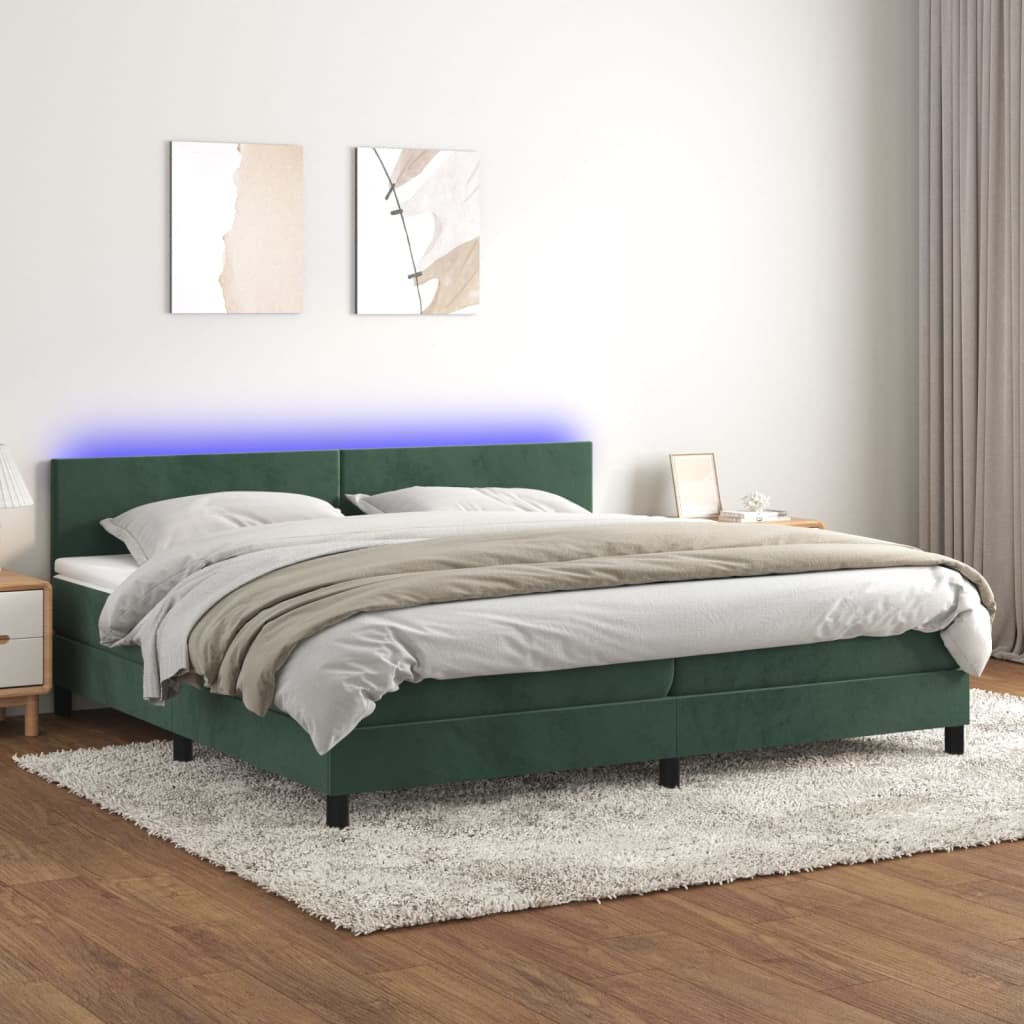 Box spring postel s matrací a LED tmavě zelená 200x200 cm samet