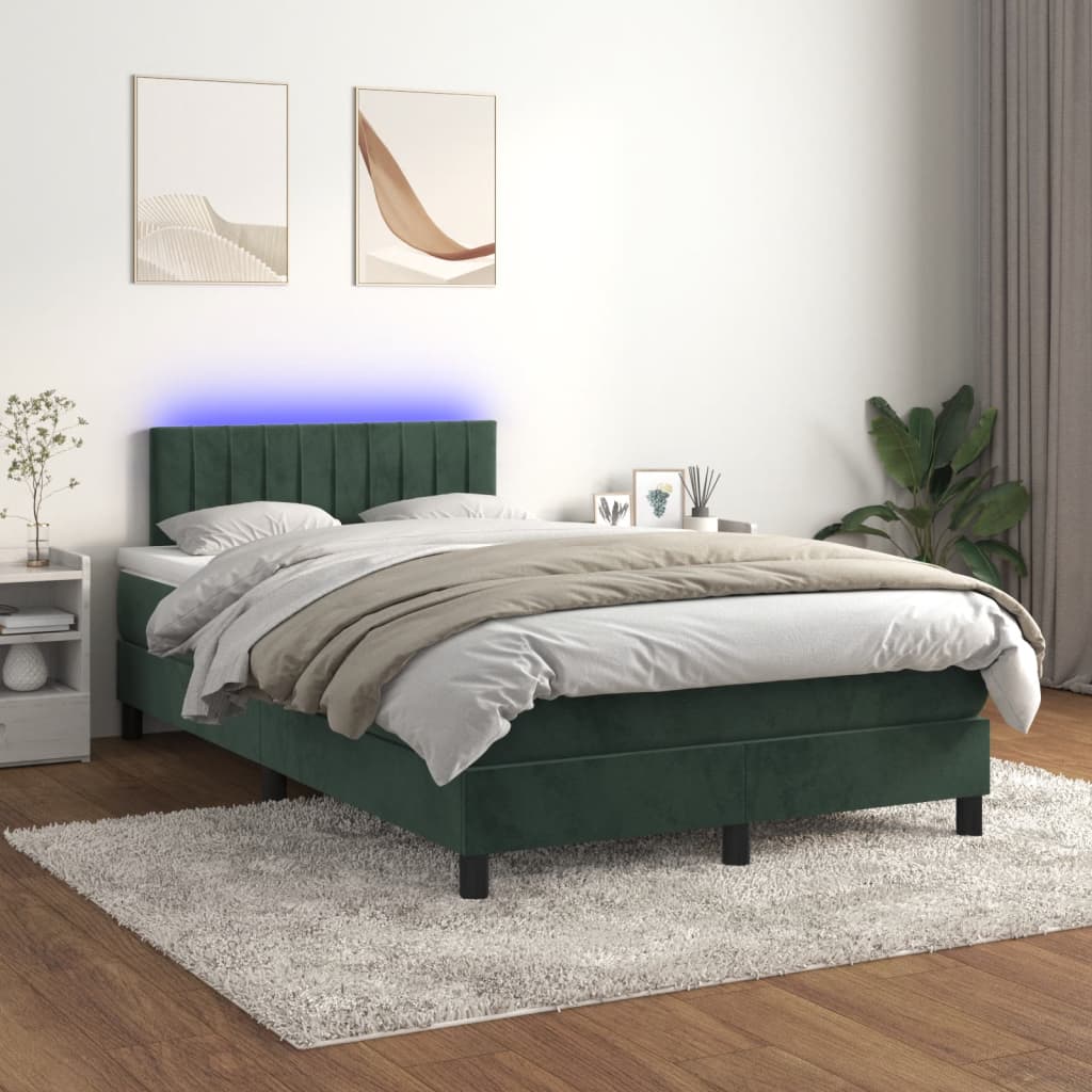 Box spring postel s matrací a LED tmavě zelená 120x200 cm samet