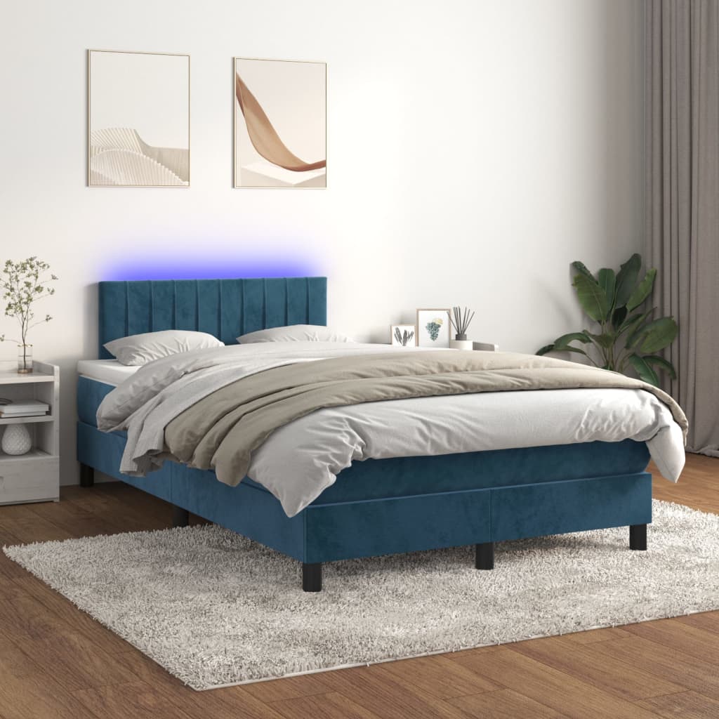 Box spring postel s matrací a LED tmavě modrá 120x200 cm samet