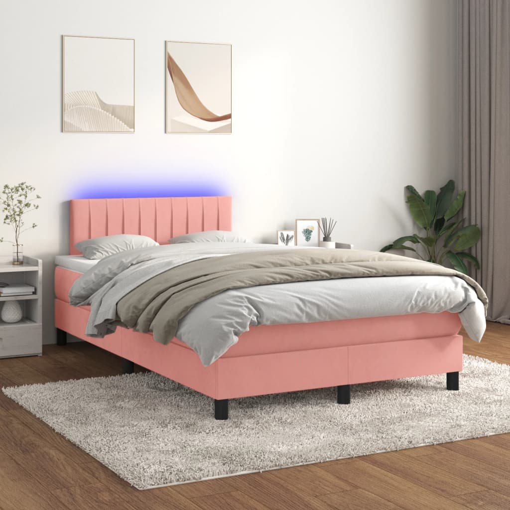 Box spring postel s matrací a LED růžová 120x200 cm samet