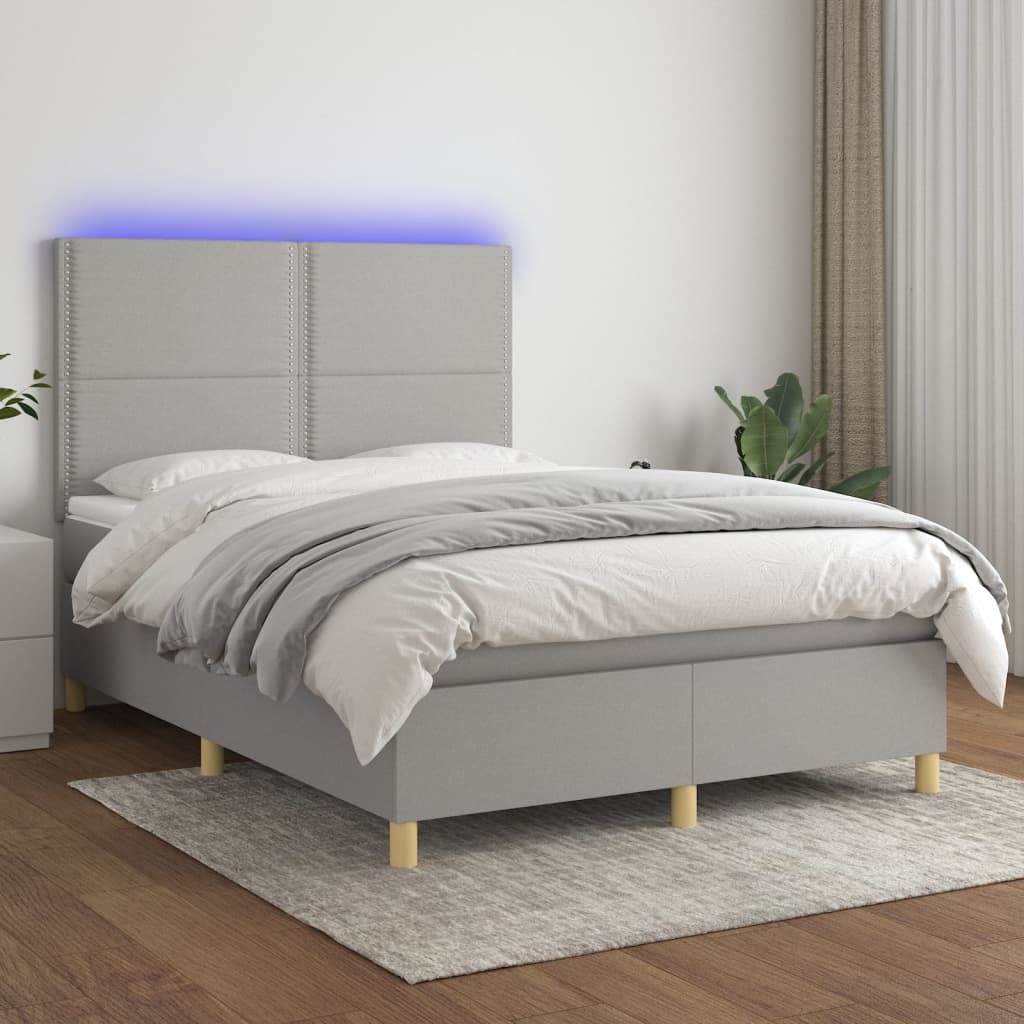 Box spring postel s matrací a LED světle šedá 140x200 cm textil