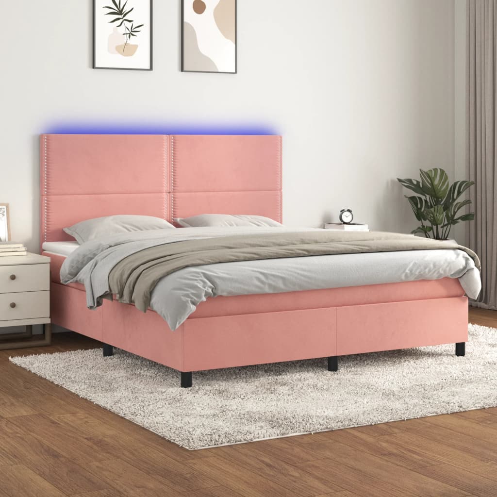 Box spring postel s matrací a LED růžová 180x200 cm samet