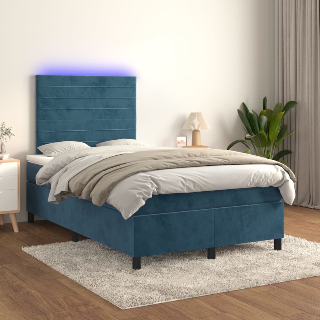 Box spring postel s matrací a LED tmavě modrá 120x200 cm samet