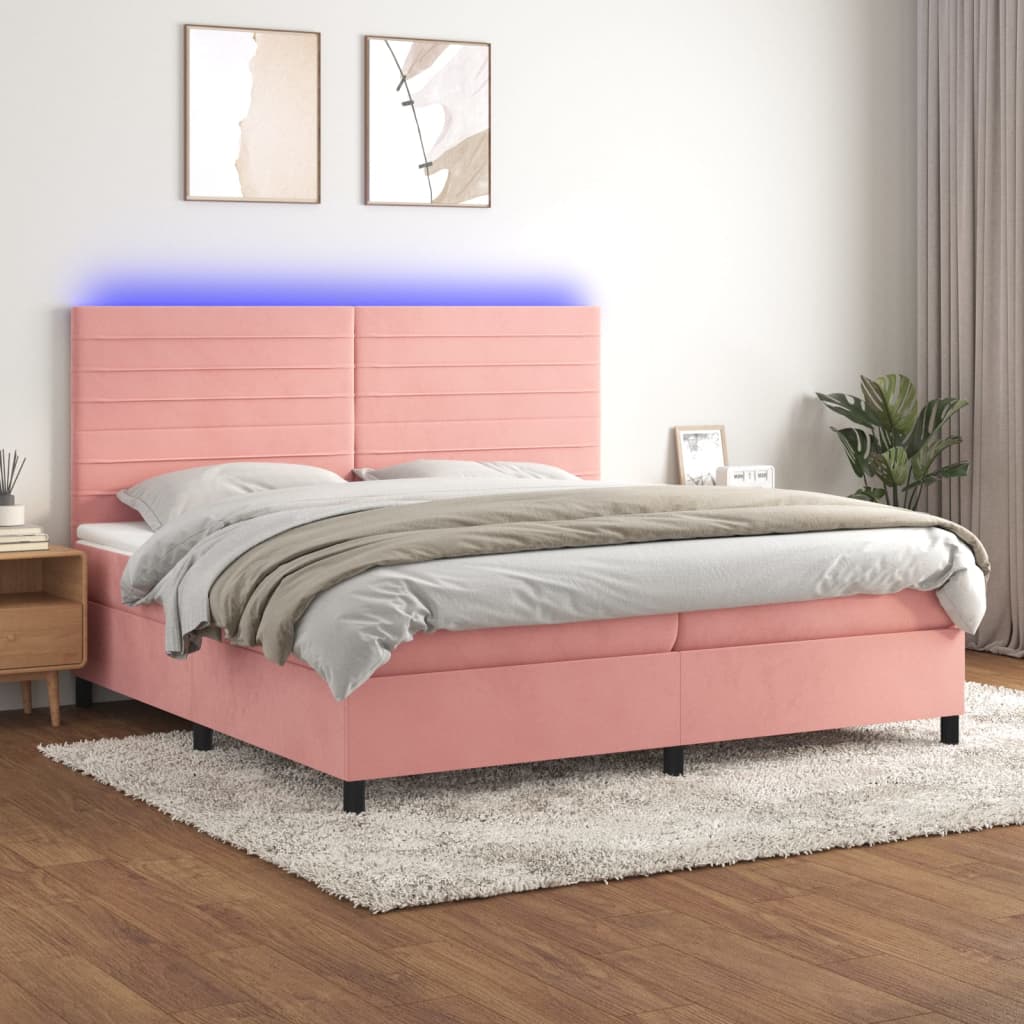 Box spring postel s matrací a LED růžová 200x200 cm samet