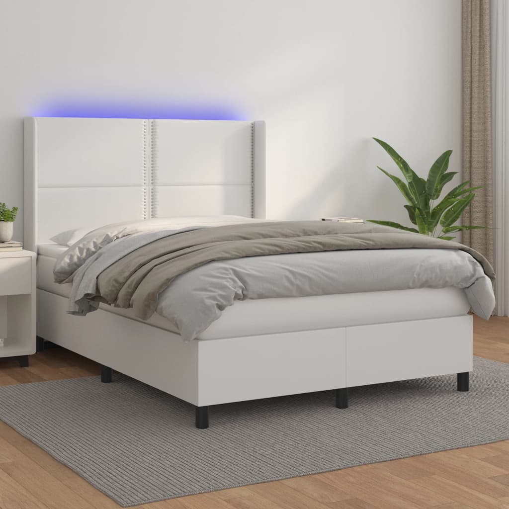 Box spring postel s matrací a LED bílá 140x200 cm umělá kůže