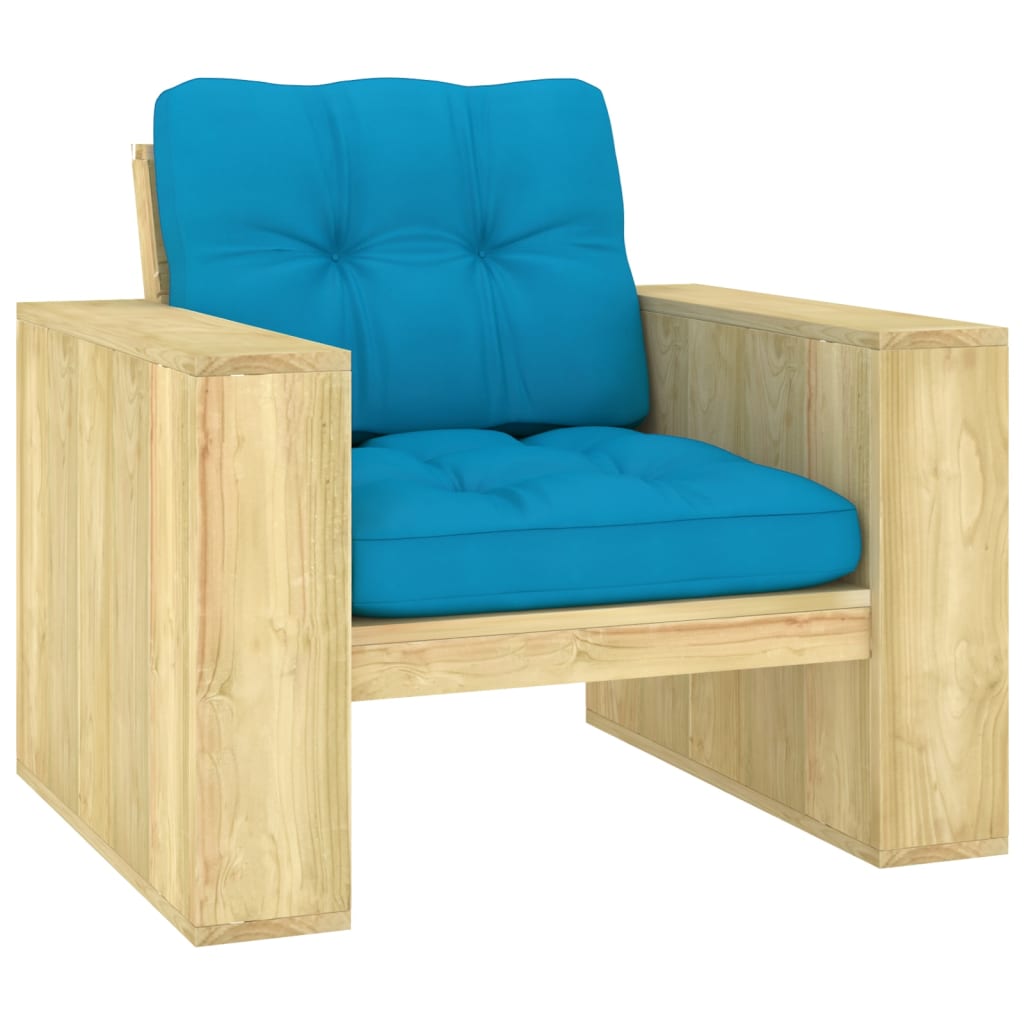 Zahradní židle s modrými poduškami impregnovaná borovice