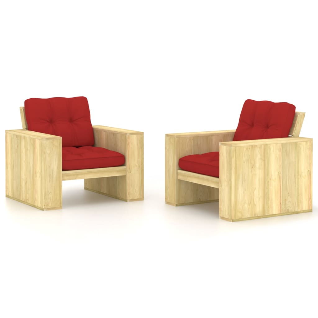 Zahradní židle 2 ks + červené podušky impregnovaná borovice