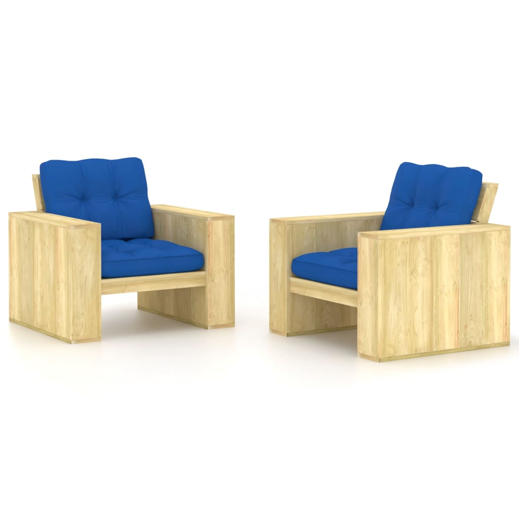 Zahradní židle 2 ks s modrými poduškami impregnovaná borovice