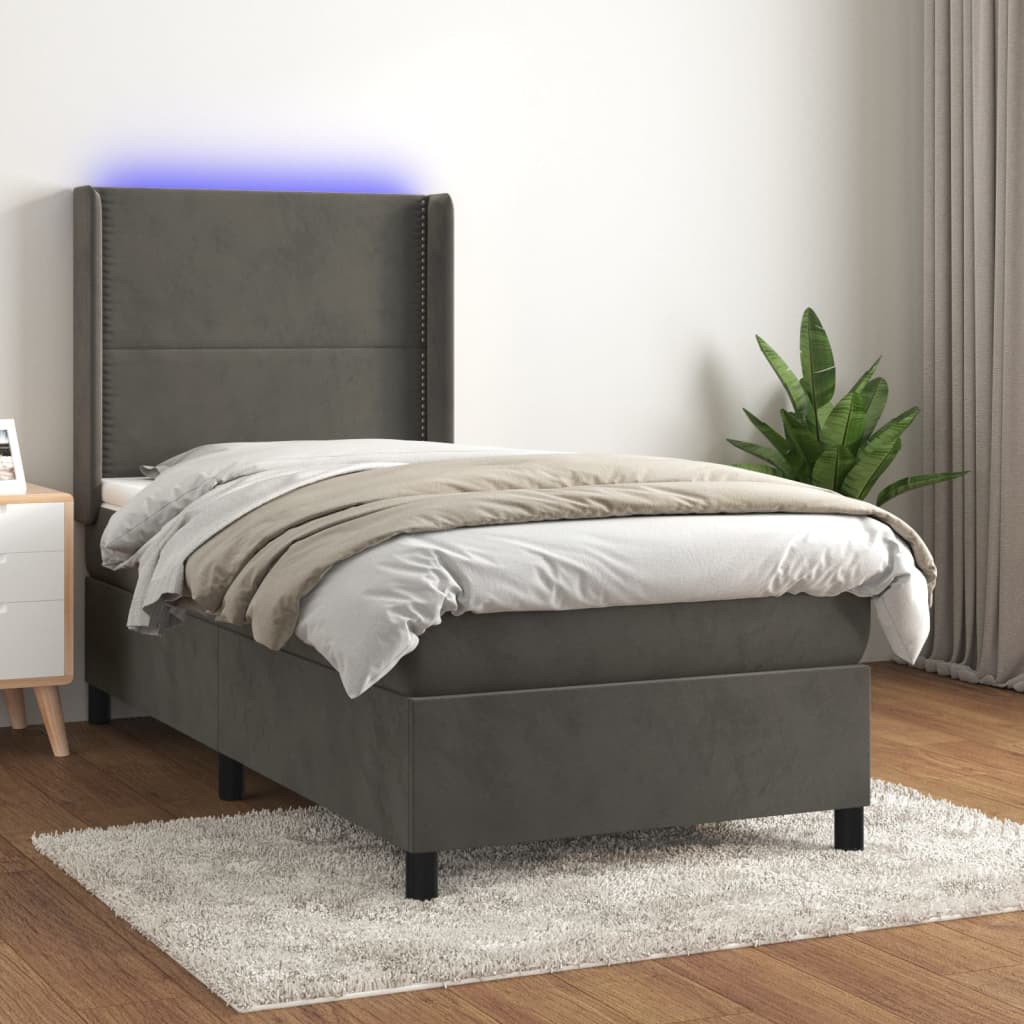 Box spring postel s matrací a LED tmavě šedá 90x190 cm samet