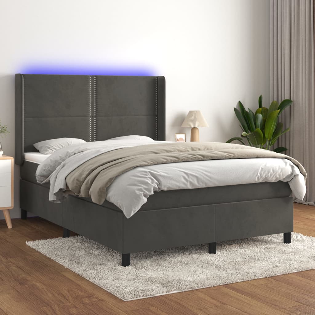 Box spring postel s matrací a LED tmavě šedá 140x200 cm samet