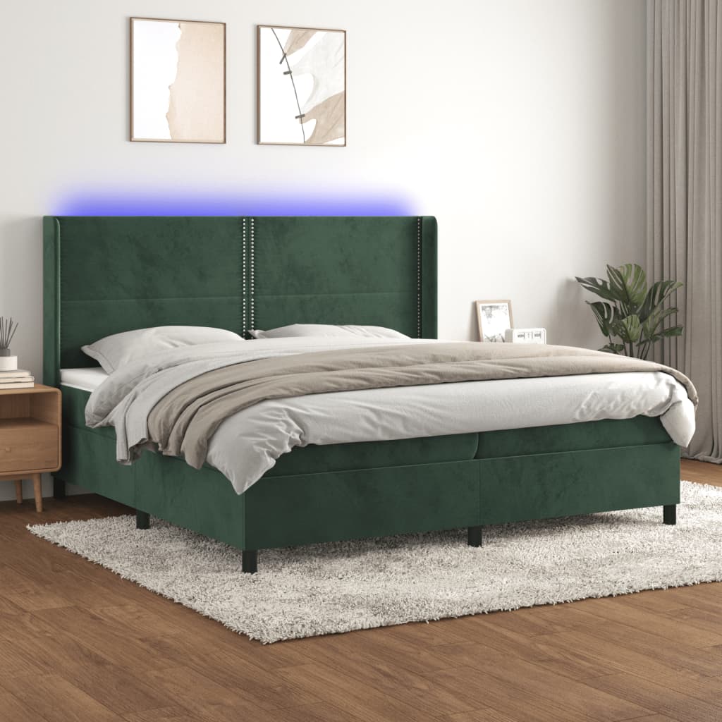 Box spring postel s matrací a LED tmavě zelená 200x200 cm samet