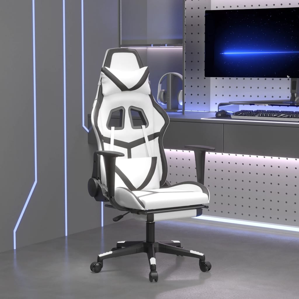 Herní židle s podnožkou bílá a černá umělá kůže