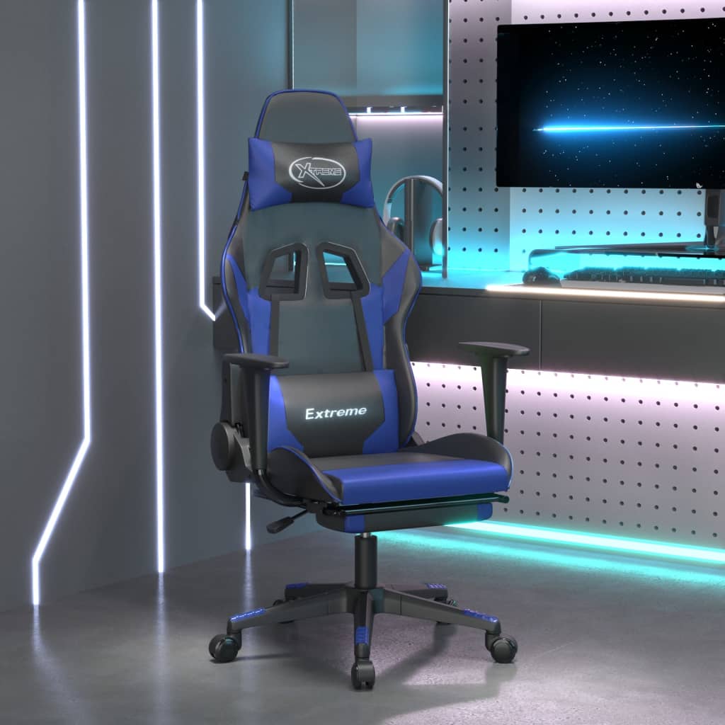 Herní židle s podnožkou černá a modrá umělá kůže