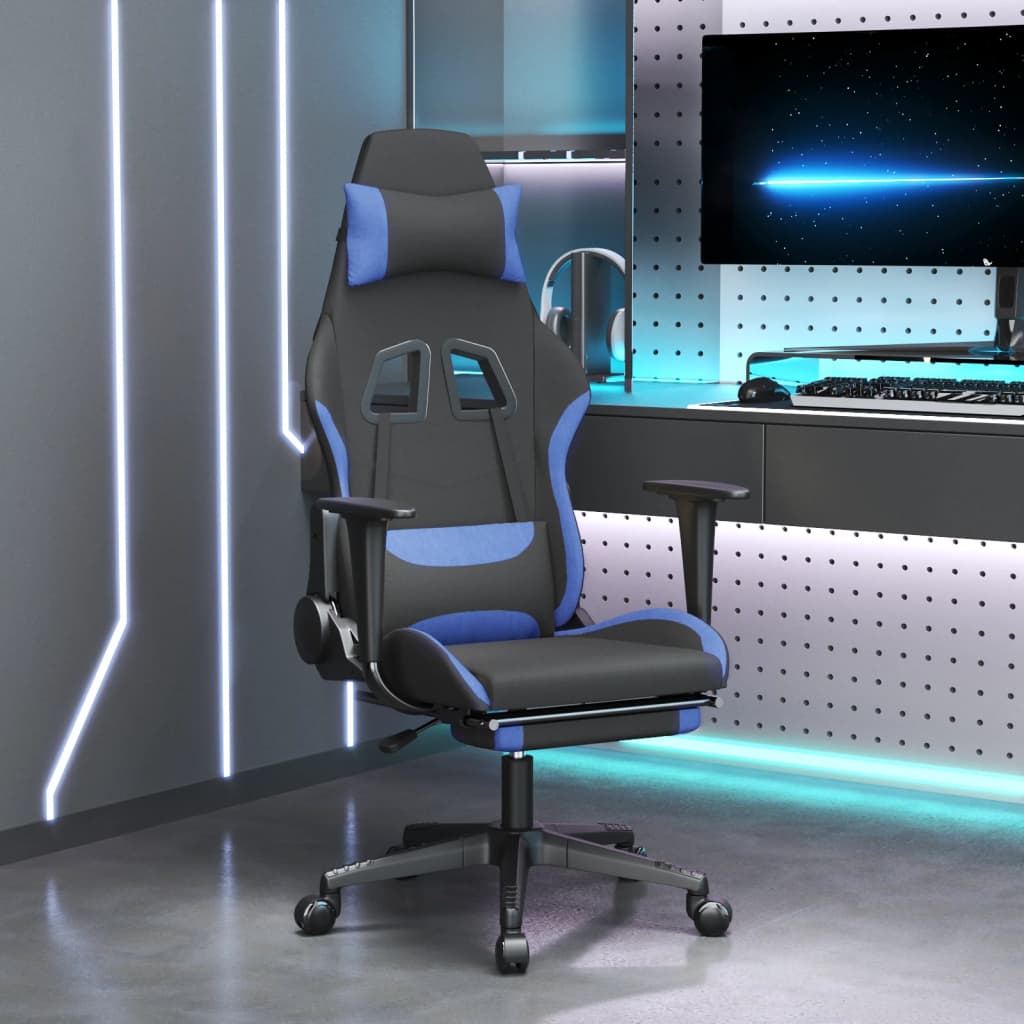 Herní židle s podnožkou černá a modrá textil