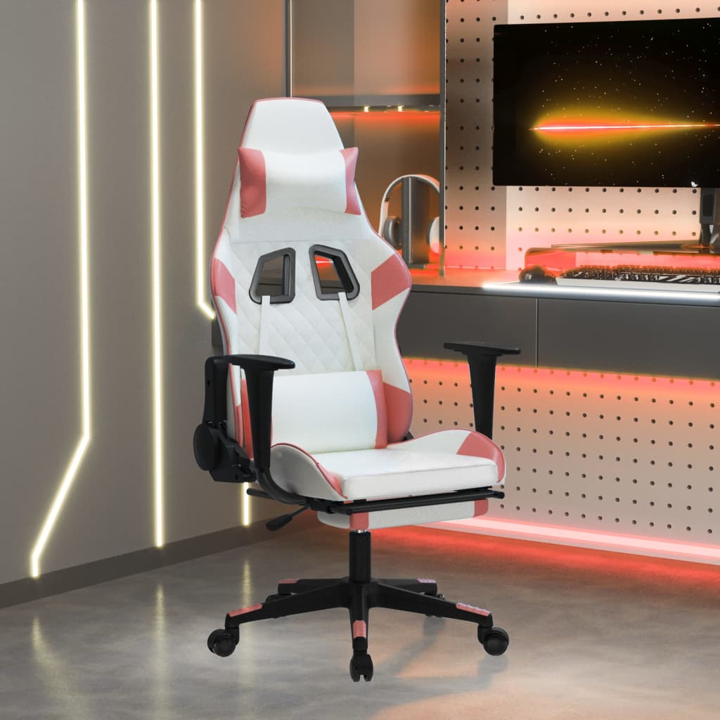 Herní židle s podnožkou bílá a růžová umělá kůže