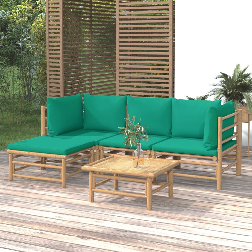 5dílná zahradní sedací souprava se zelenými poduškami bambus