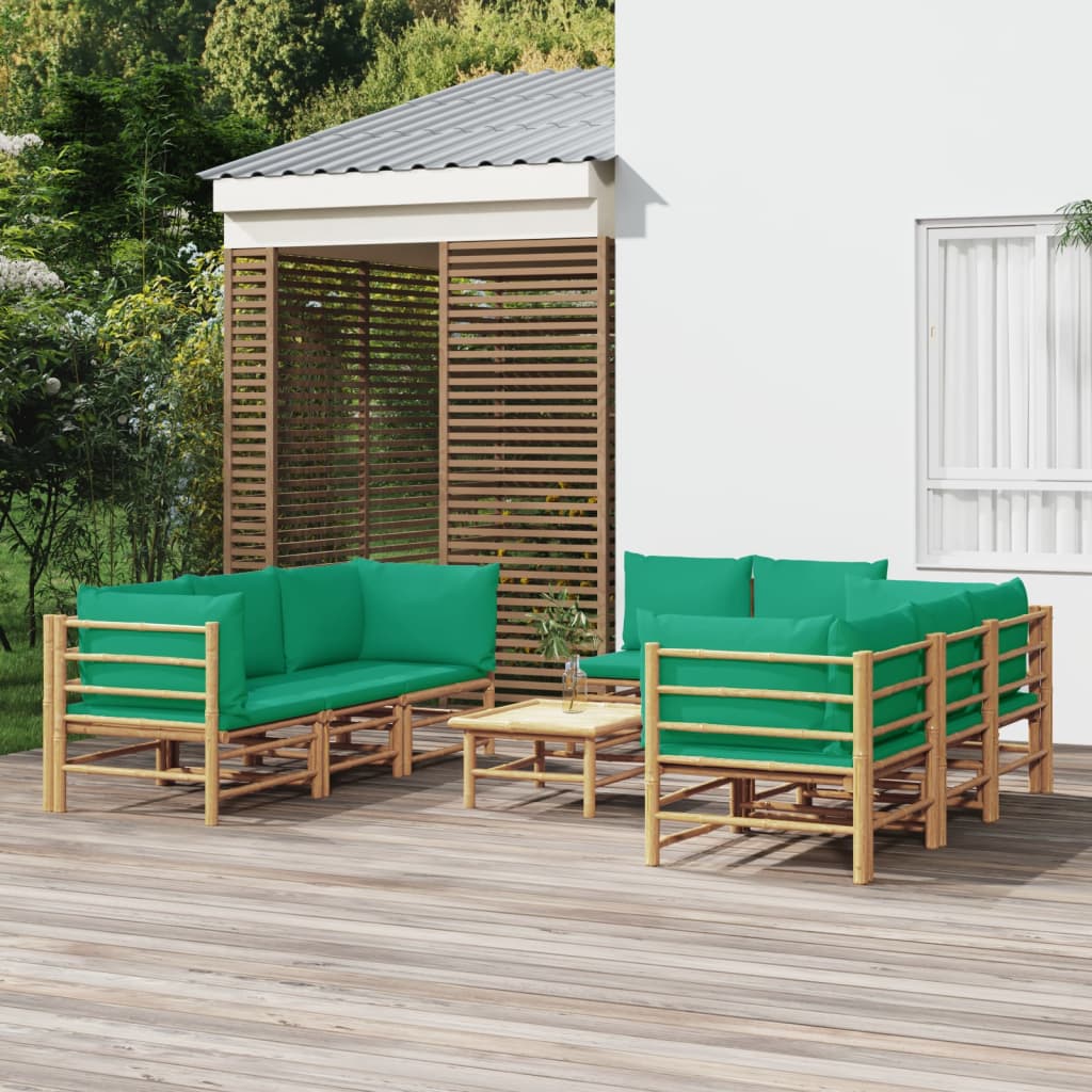 9dílná zahradní sedací souprava se zelenými poduškami bambus