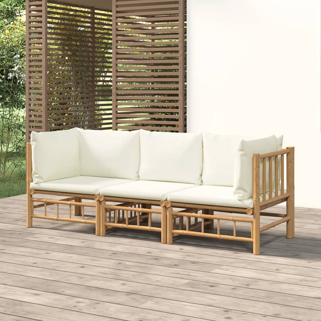 3dílná zahradní sedací souprava krémově bílé podušky bambus