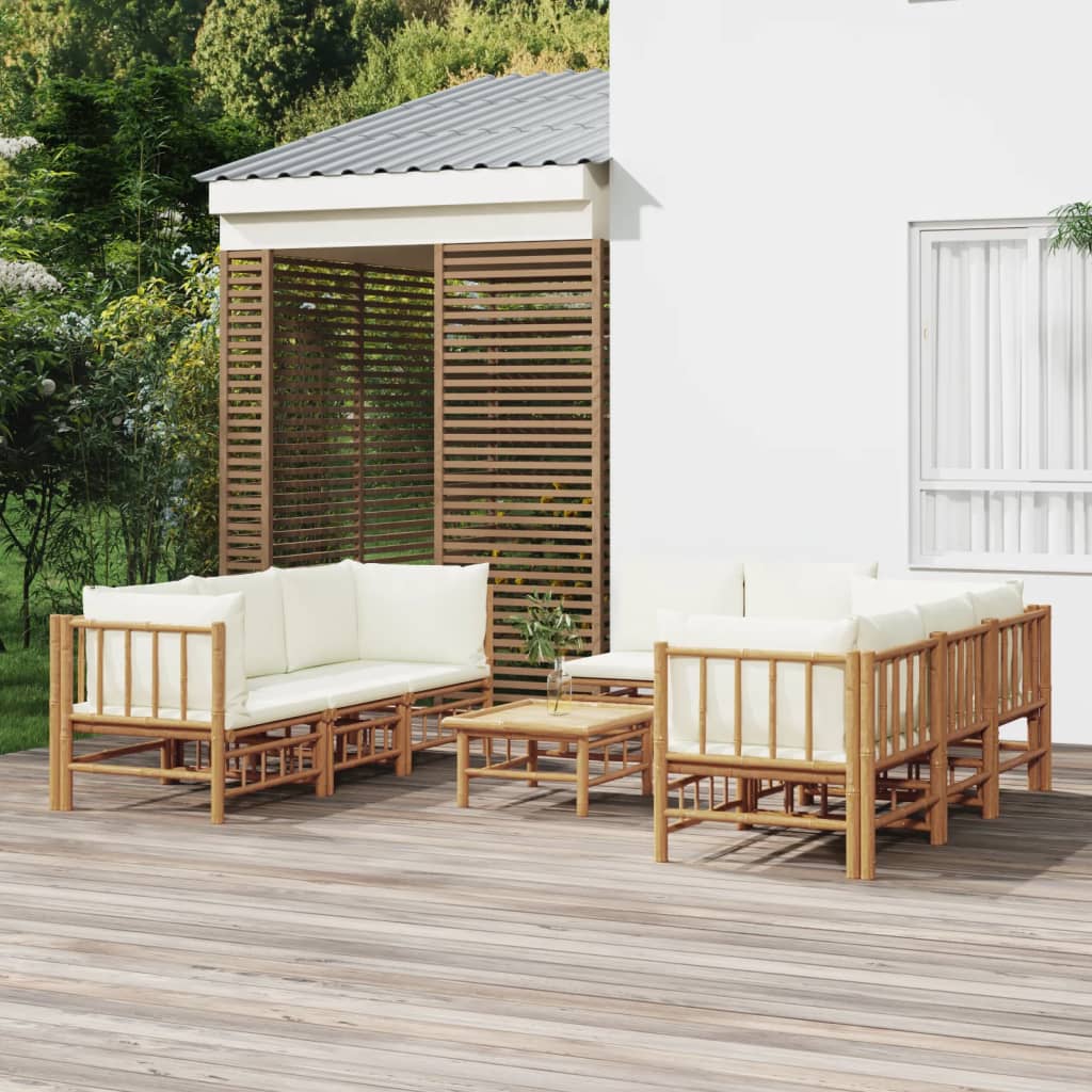 9dílná zahradní sedací souprava krémově bílé podušky bambus