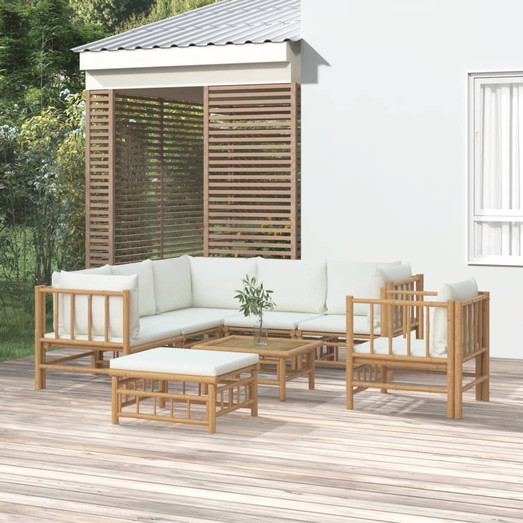 8dílná zahradní sedací souprava krémově bílé podušky bambus