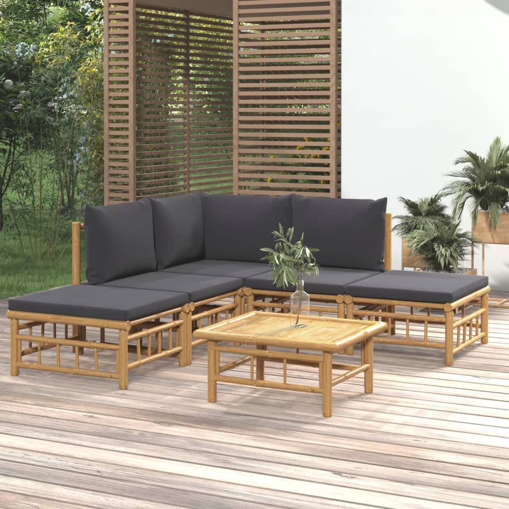 6dílná zahradní sedací souprava s tmavě šedými poduškami bambus