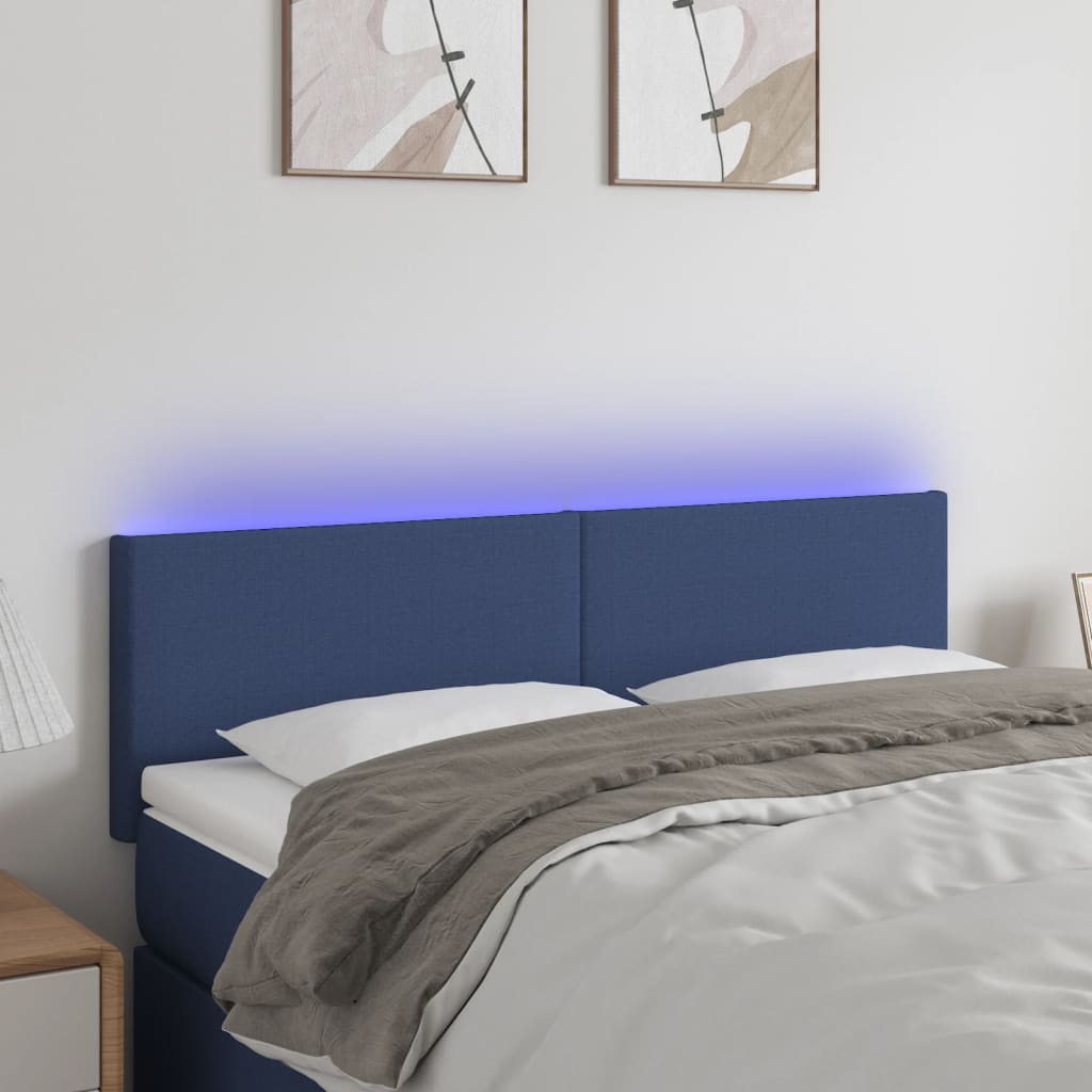 Čelo postele s LED modré 144x5x78/88 cm textil