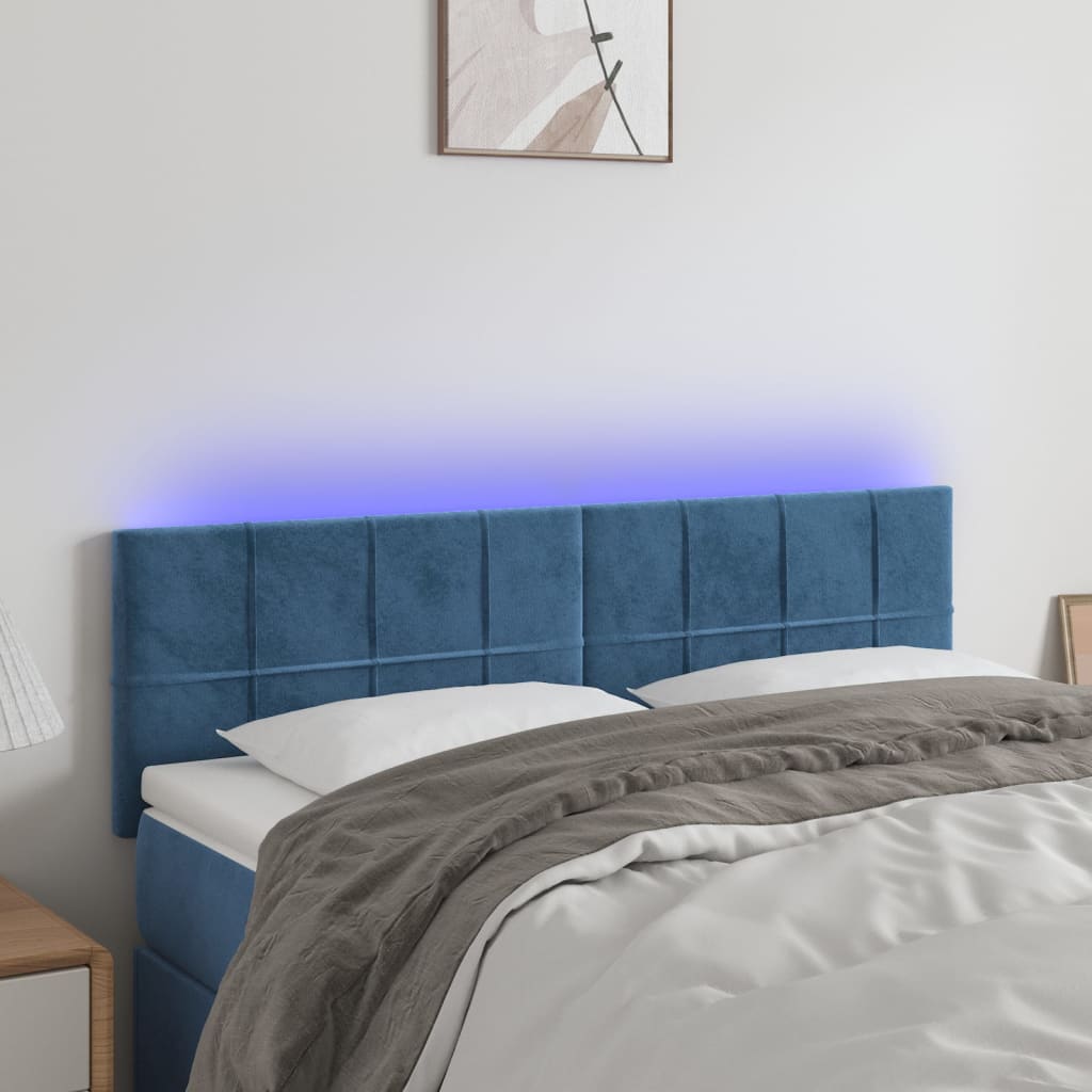 Čelo postele s LED tmavě modré 144x5x78/88 cm samet