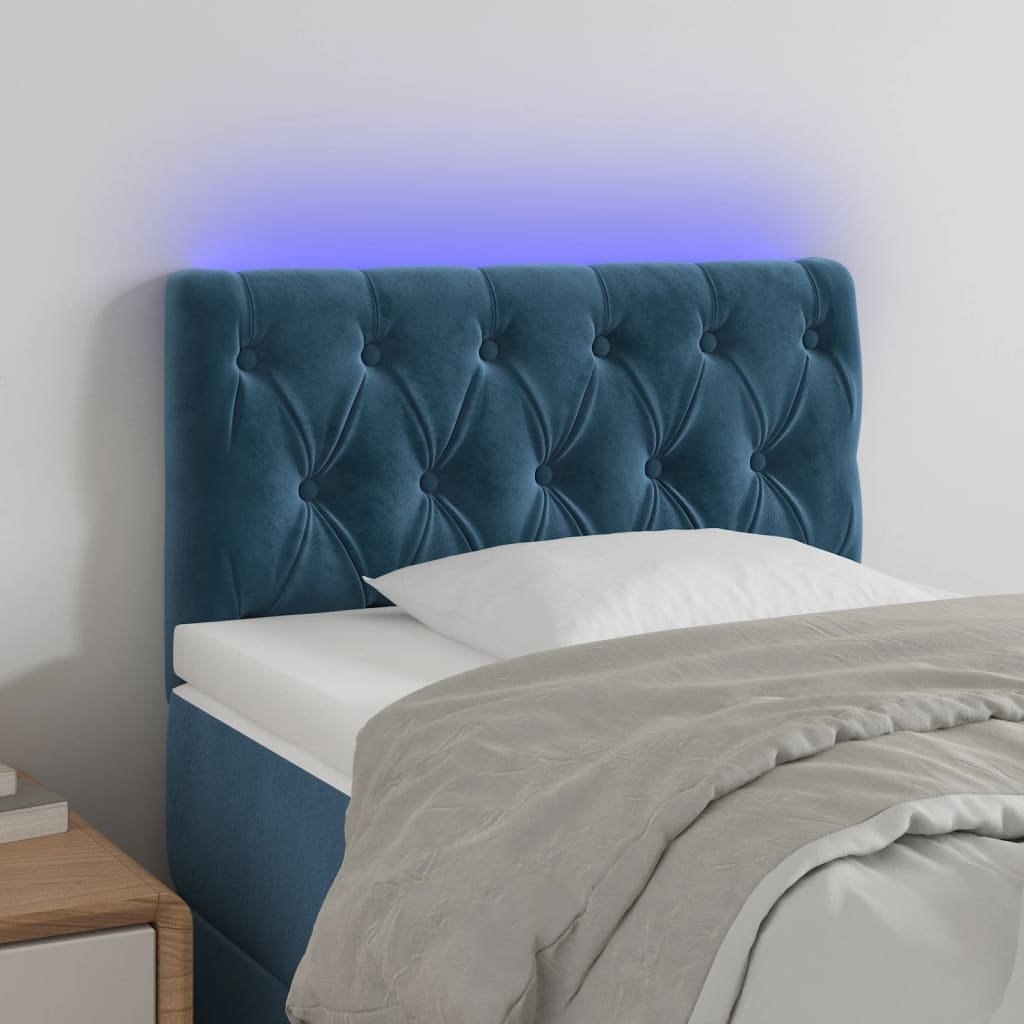 Čelo postele s LED tmavě modré 80 x 7 x 78/88 cm samet