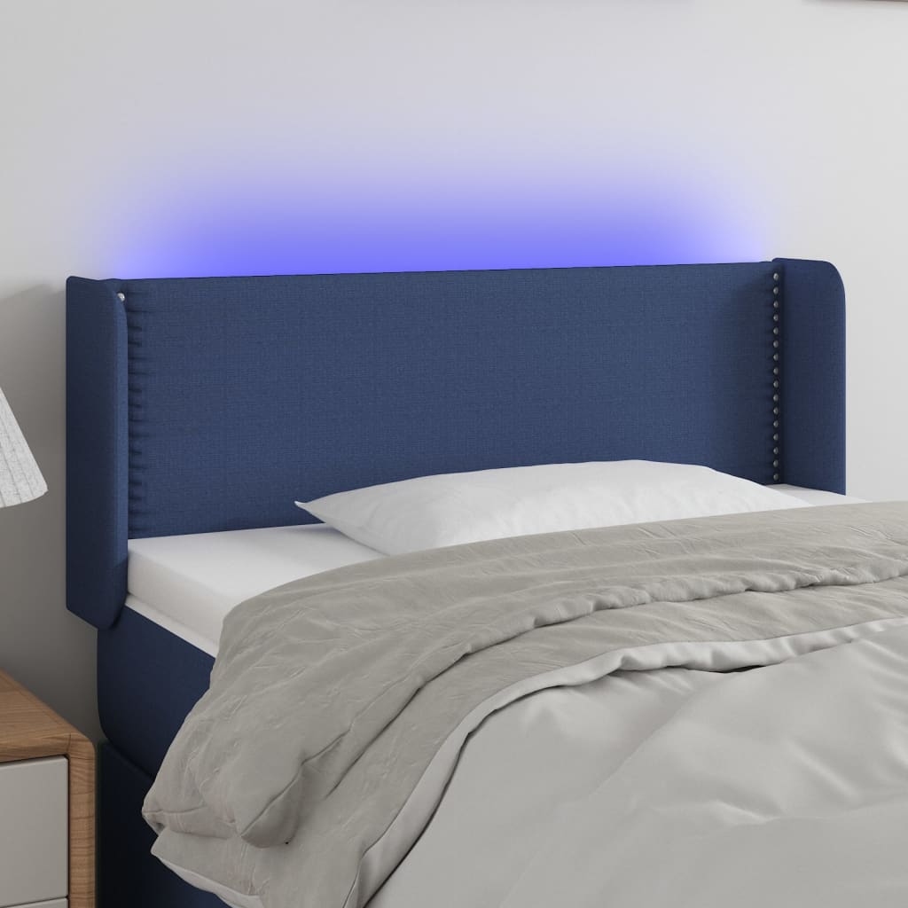 Čelo postele s LED modré 93 x 16 x 78/88 cm textil
