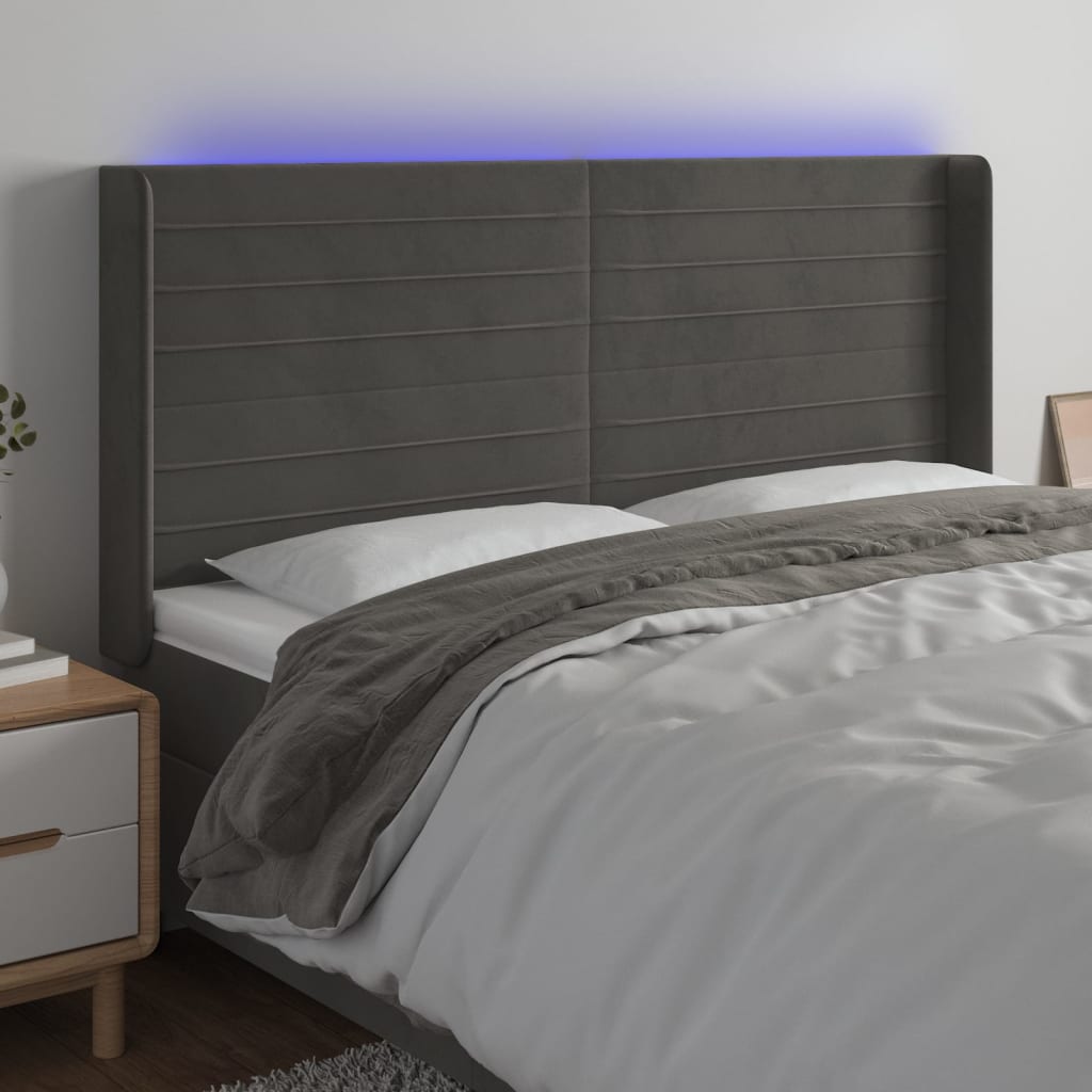 Čelo postele s LED tmavě šedé 183 x 16 x 118/128 cm samet