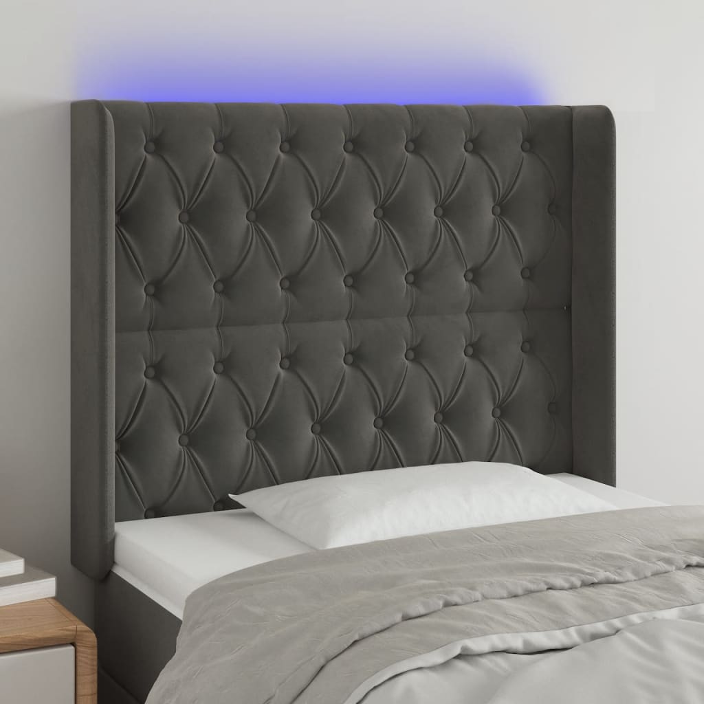 Čelo postele s LED tmavě šedé 93 x 16 x 118/128 cm samet