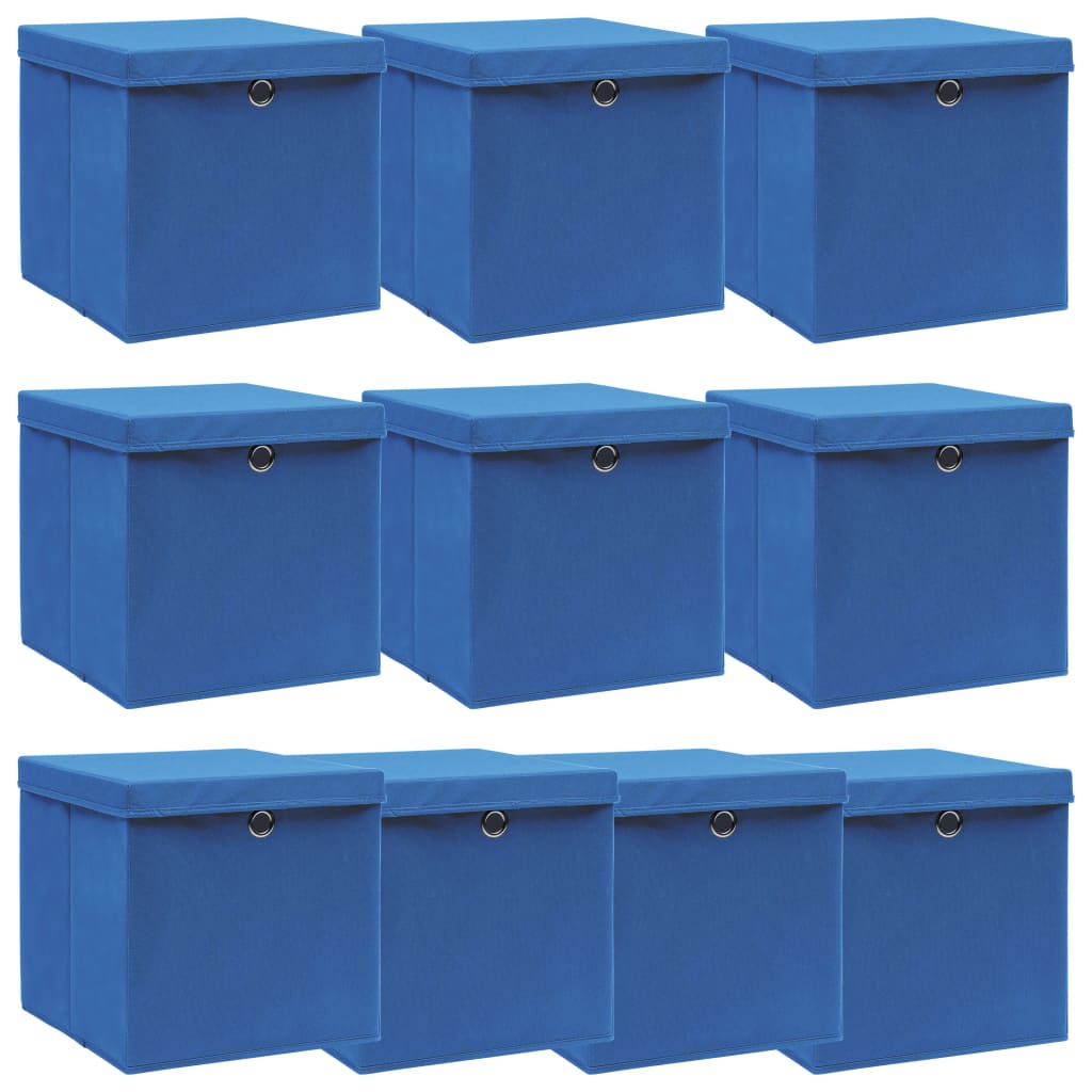 Úložné boxy s víky 10 ks modré 32 x 32 x 32 cm textil