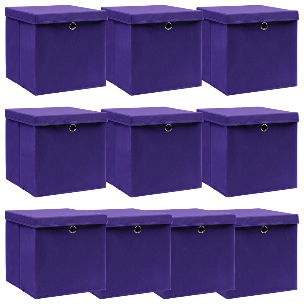 Úložné boxy s víky 10 ks fialové 32 x 32 x 32 cm textil