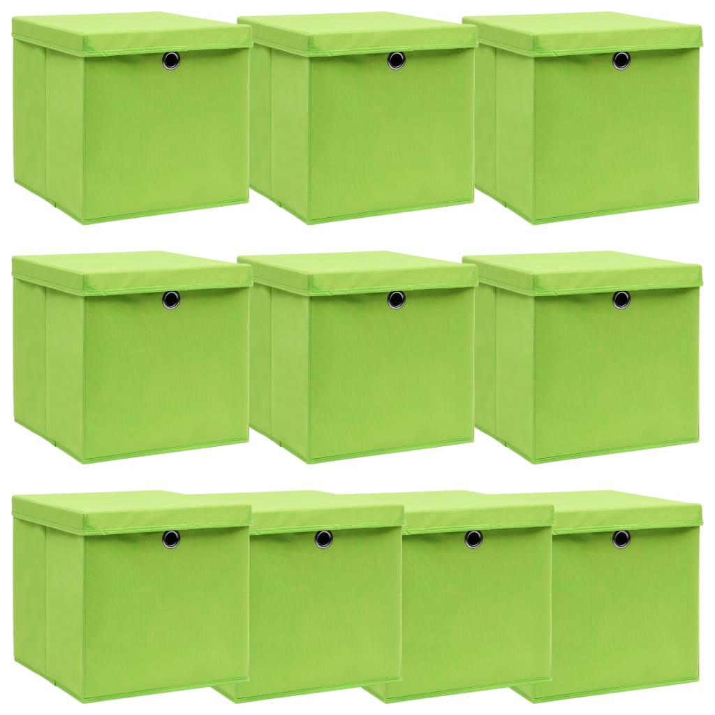 Úložné boxy s víky 10 ks zelené 32 x 32 x 32 cm textil