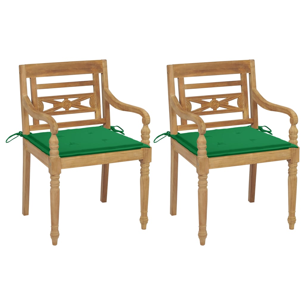 Židle Batavia 2 ks se zelenými poduškami masivní teakové dřevo