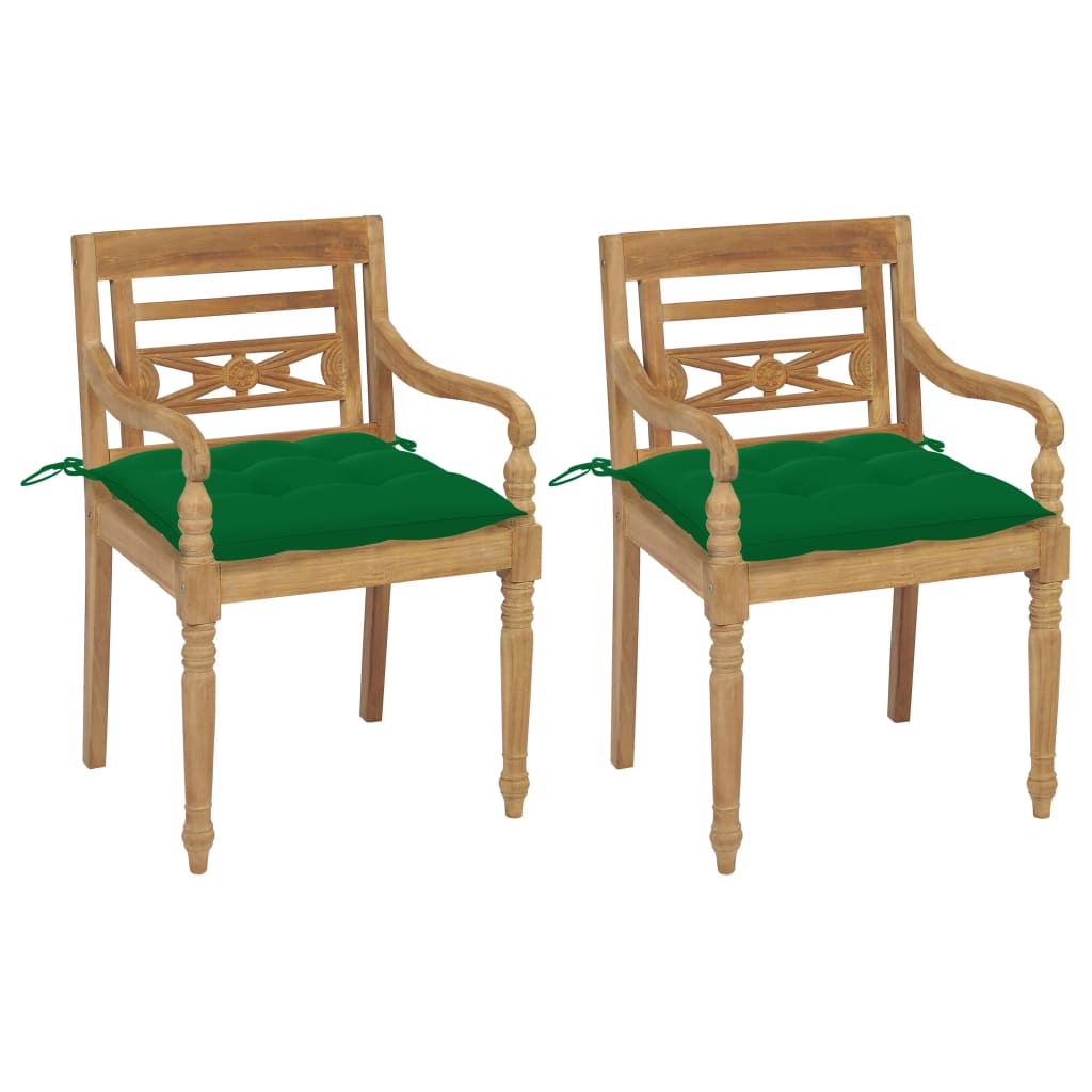 Židle Batavia 2 ks se zelenými poduškami masivní teakové dřevo