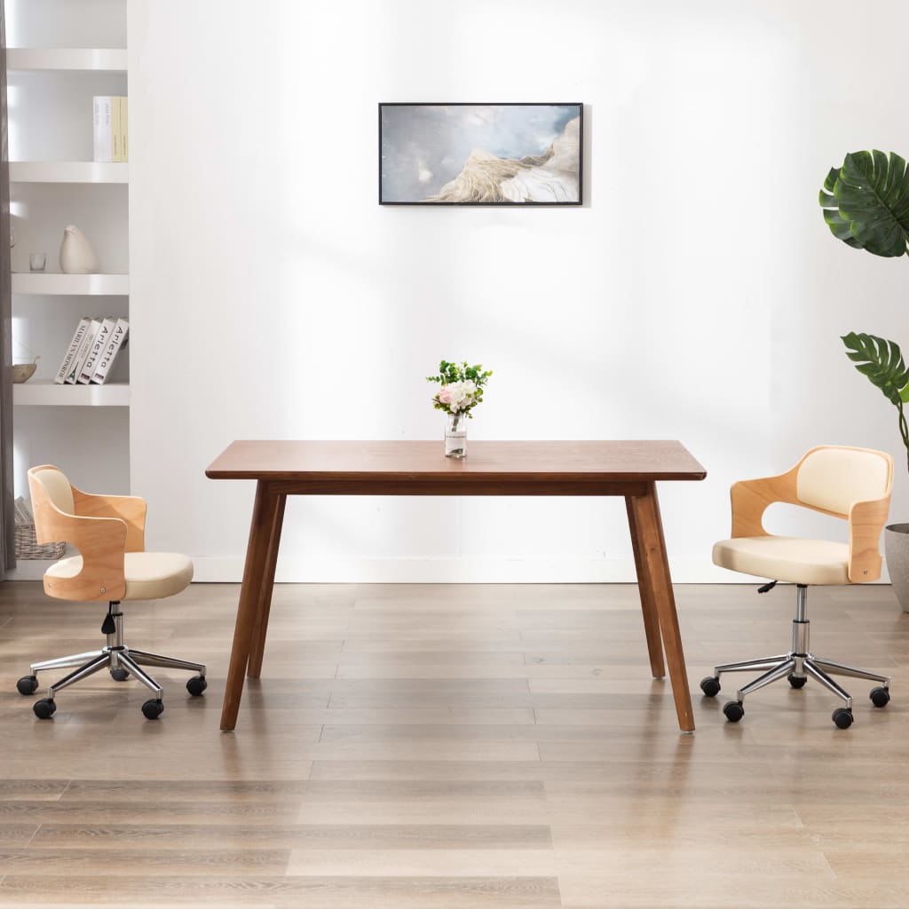 Otočná kancelářská židle krémová ohýbané dřevo a umělá kůže