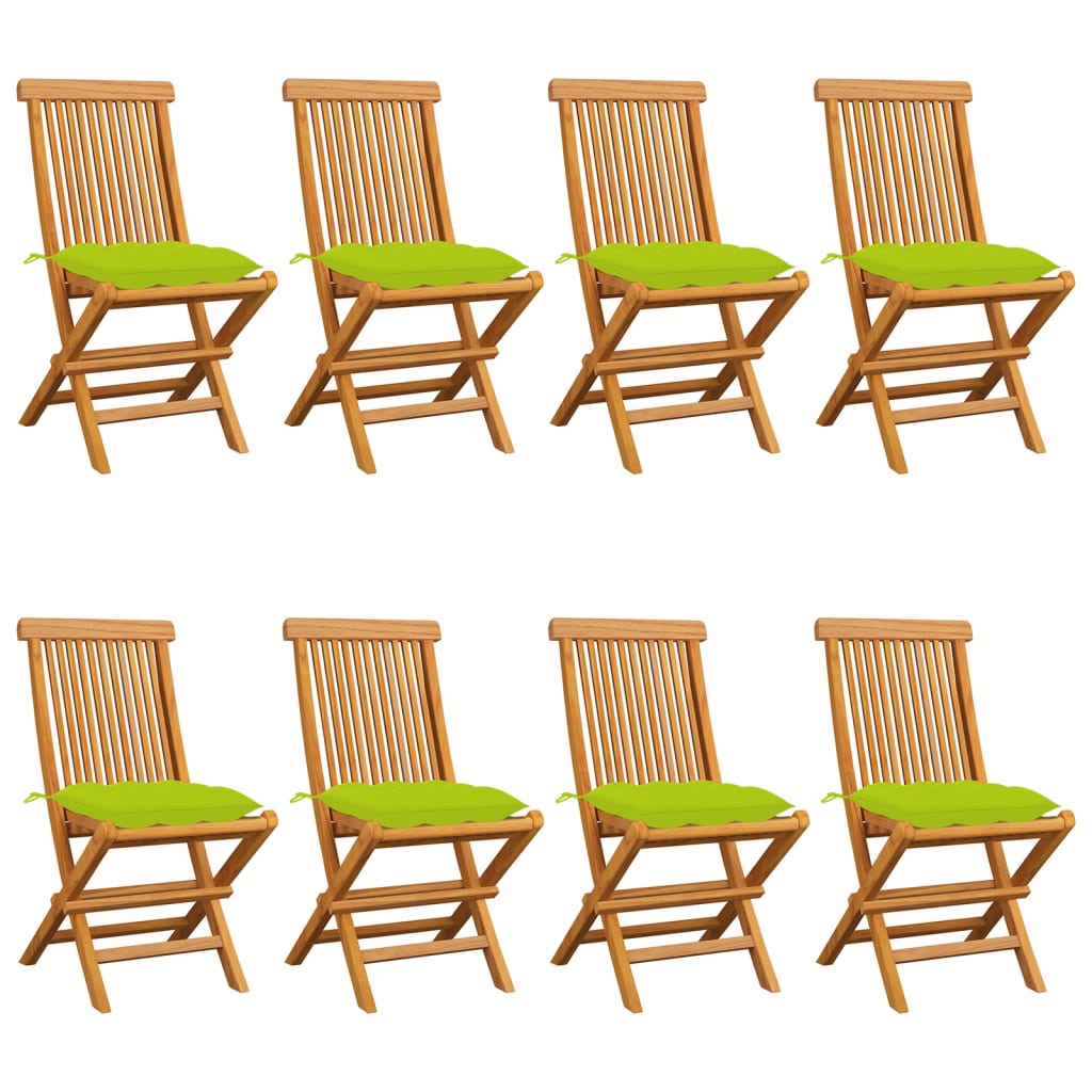Zahradní židle s jasně zelenými poduškami 8 ks masivní teak