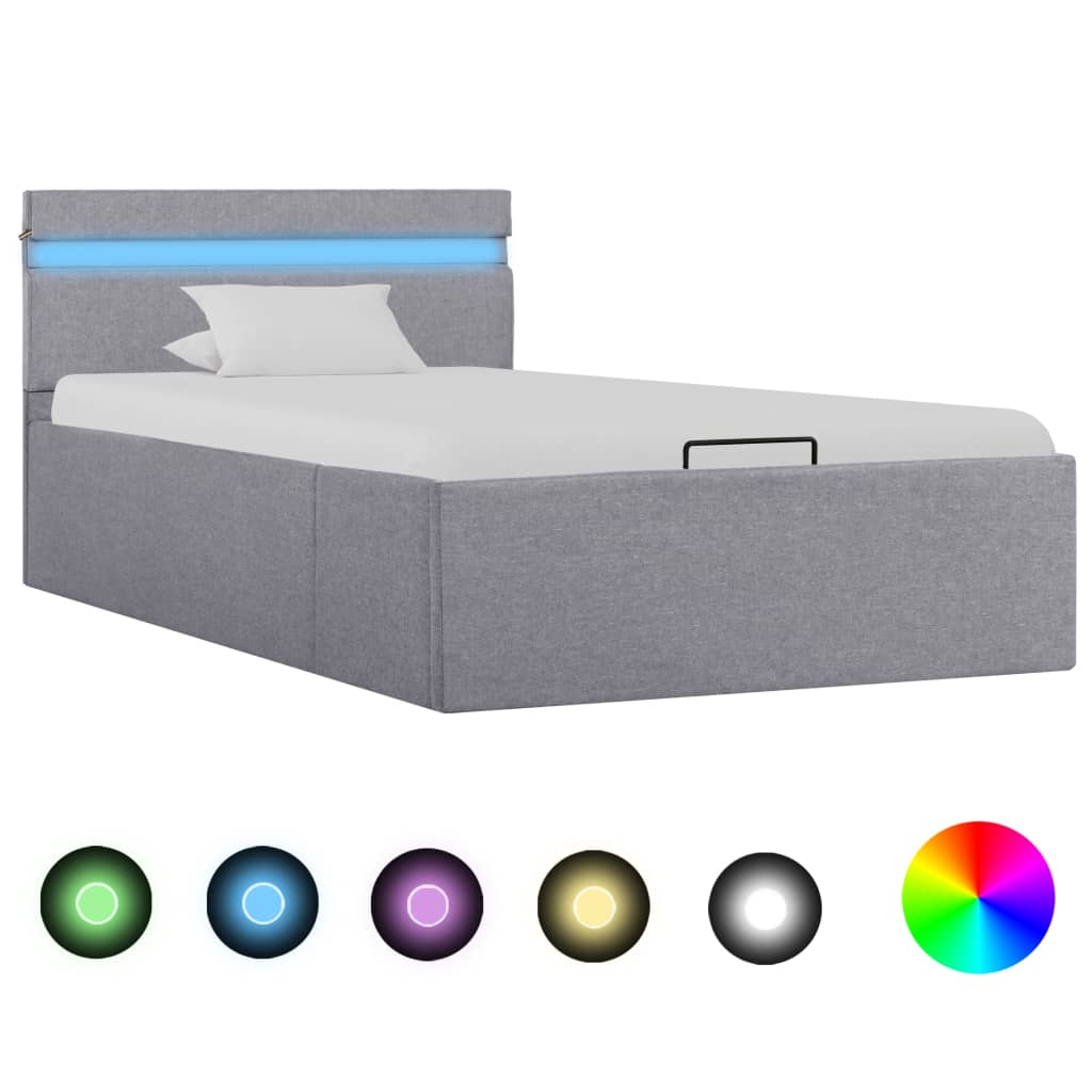 Rám postele úložný prostor LED světle šedý textil 90 x 200 cm