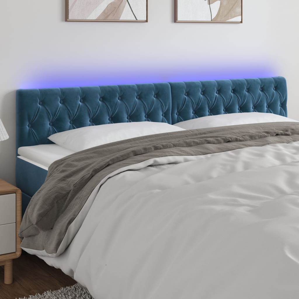 Čelo postele s LED tmavě modré 200 x 7 x 78/88 cm samet