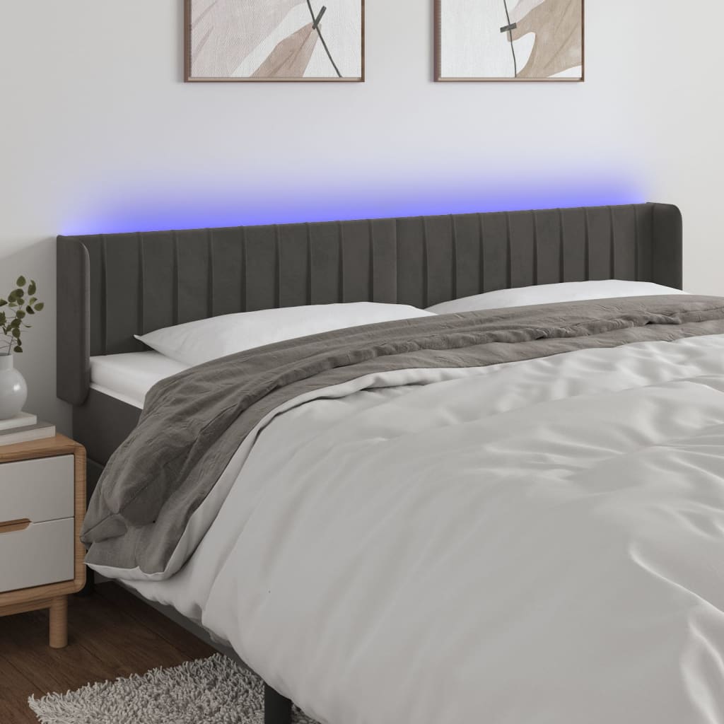 Čelo postele s LED tmavě šedé 183 x 16 x 78/88 cm samet
