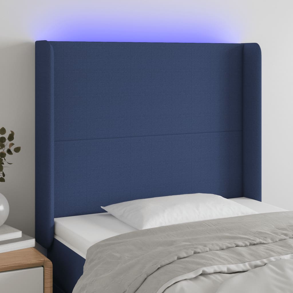 Čelo postele s LED modré 93 x 16 x 118/128 cm textil