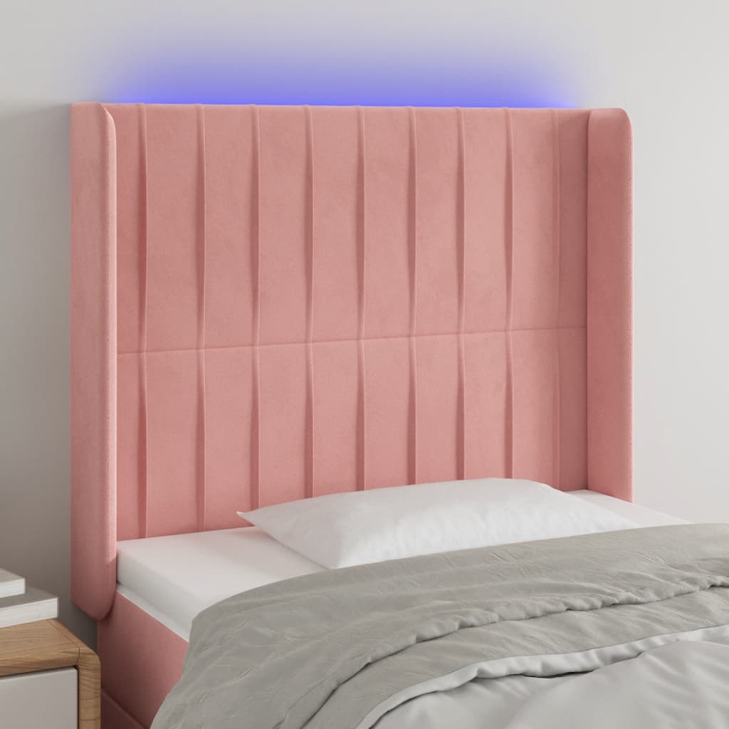 Čelo postele s LED růžové 93 x 16 x 118/128 cm samet