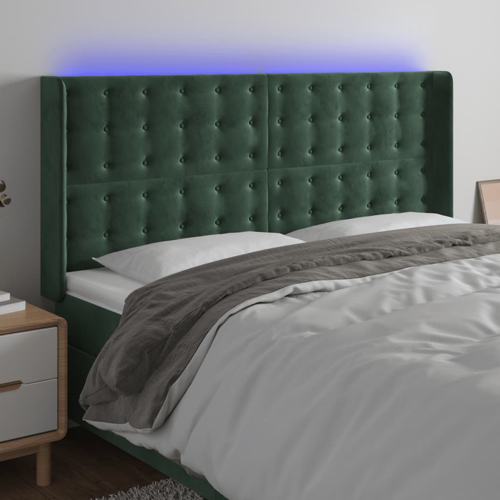 Čelo postele s LED tmavě zelené 203 x 16 x 118/128 cm samet