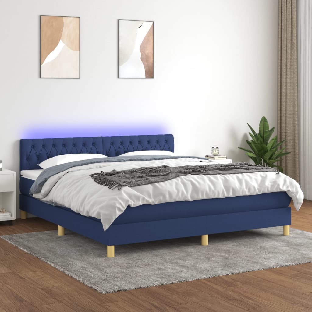 Box spring postel s matrací a LED modrá 160x200 cm textil