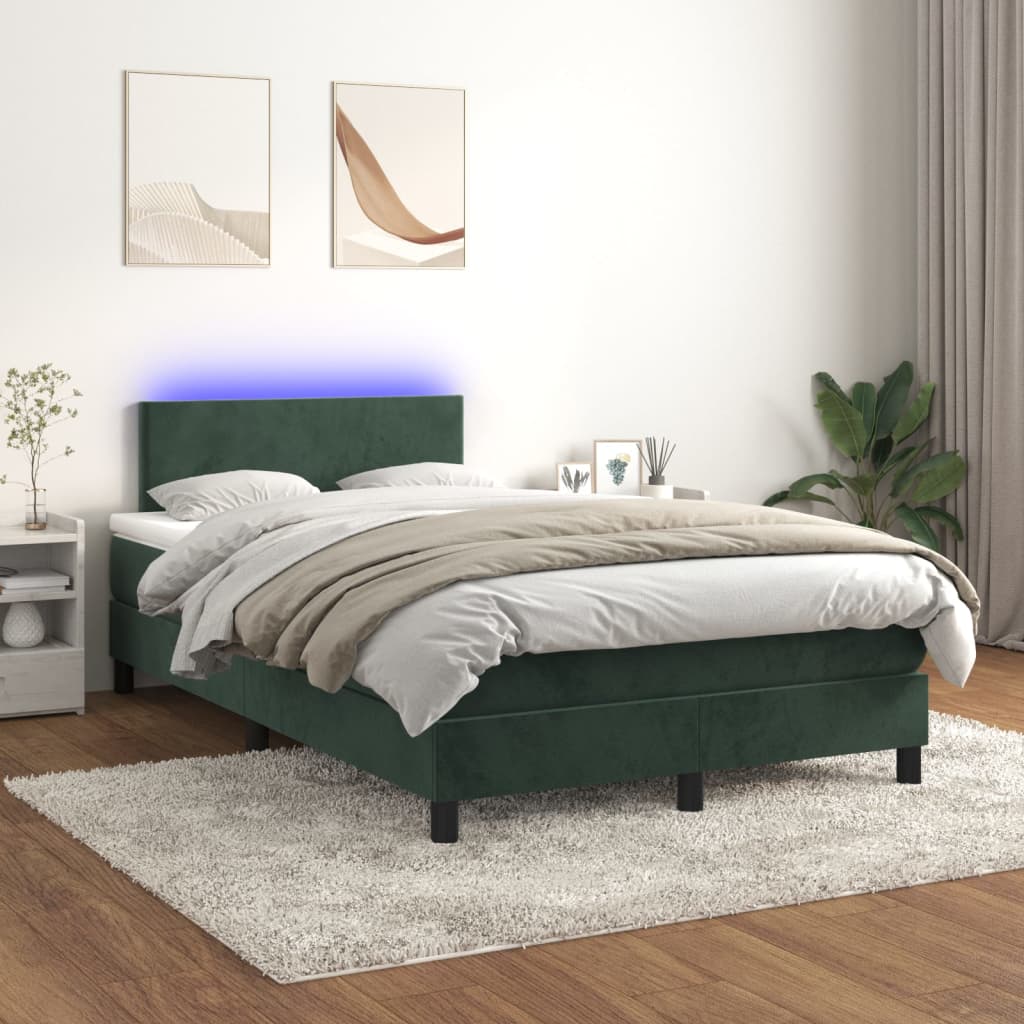 Box spring postel s matrací a LED tmavě zelená 120x200 cm samet